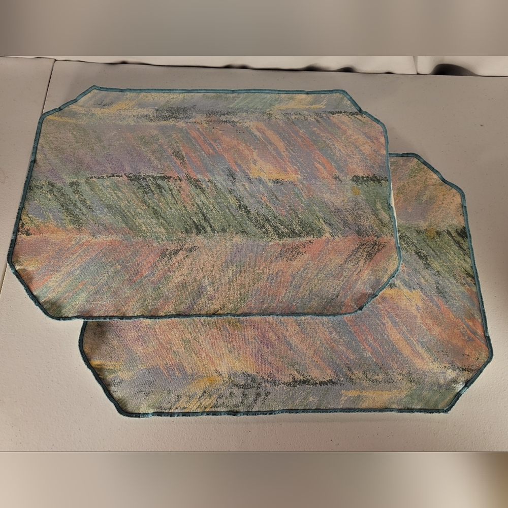 Vintage Abstract Art Cloth Placemats Set Green Orange Blue Landscape Quilted 2